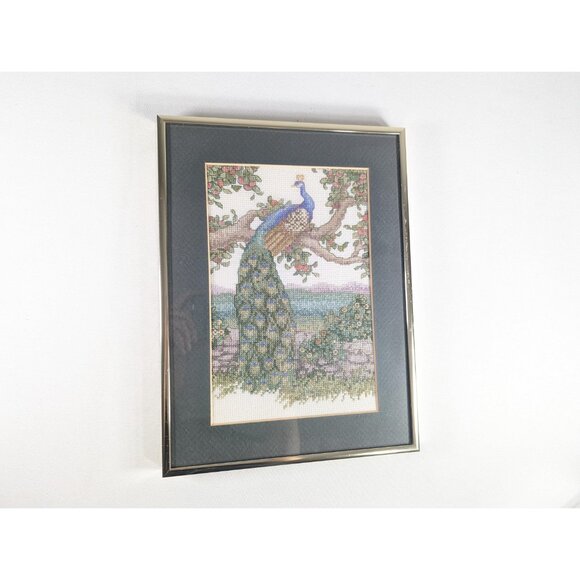 Vintage cross stitch wall art peacock in apple tree framed and behind glass, - Picture 5 of 10